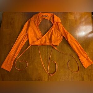 Zara Neon Orange Open Back Wrap Tie Top | Size L